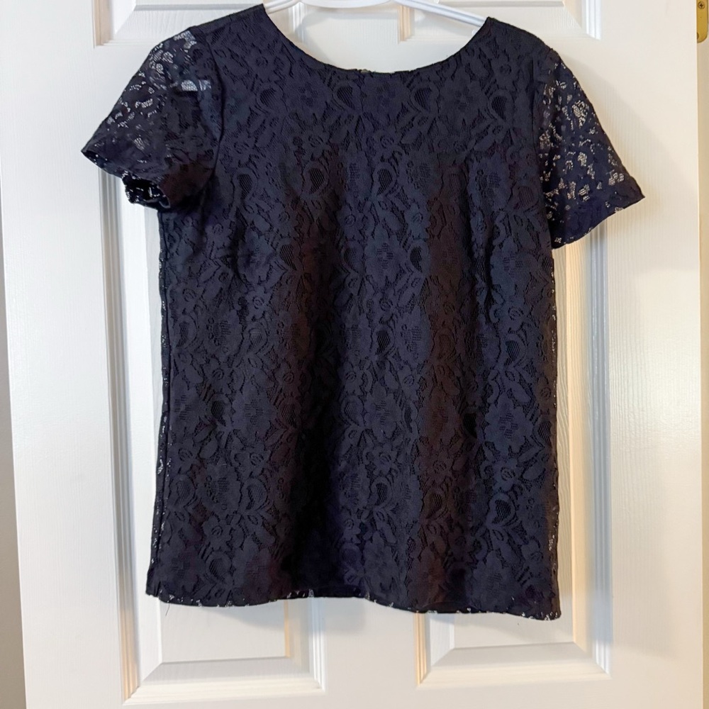 Anthropologie Black Lace Short Sleeve Top Crewneck Lined S